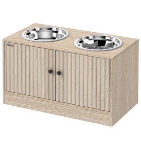 Elevated Dog Bowls with Storage Cabinet, 2 Stainless Steel Bowls, Slow Feeder, Dog Feeding Station for Large Dogs, Oak Elevated Dog Bowls with Storage Cabinet, 2 Stainless Steel Bowls, Slow Feeder, Dog Feeding Station for Large Dogs, Oak